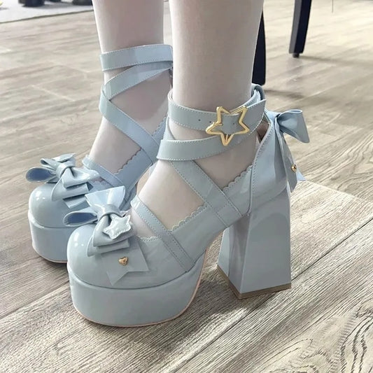 Sweet Bow Blue Mary Janes High Heels