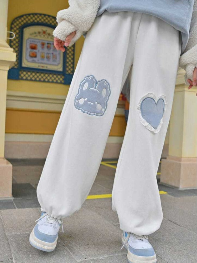 Kawaii Blue Joggers Sweatpants Bunny Heart