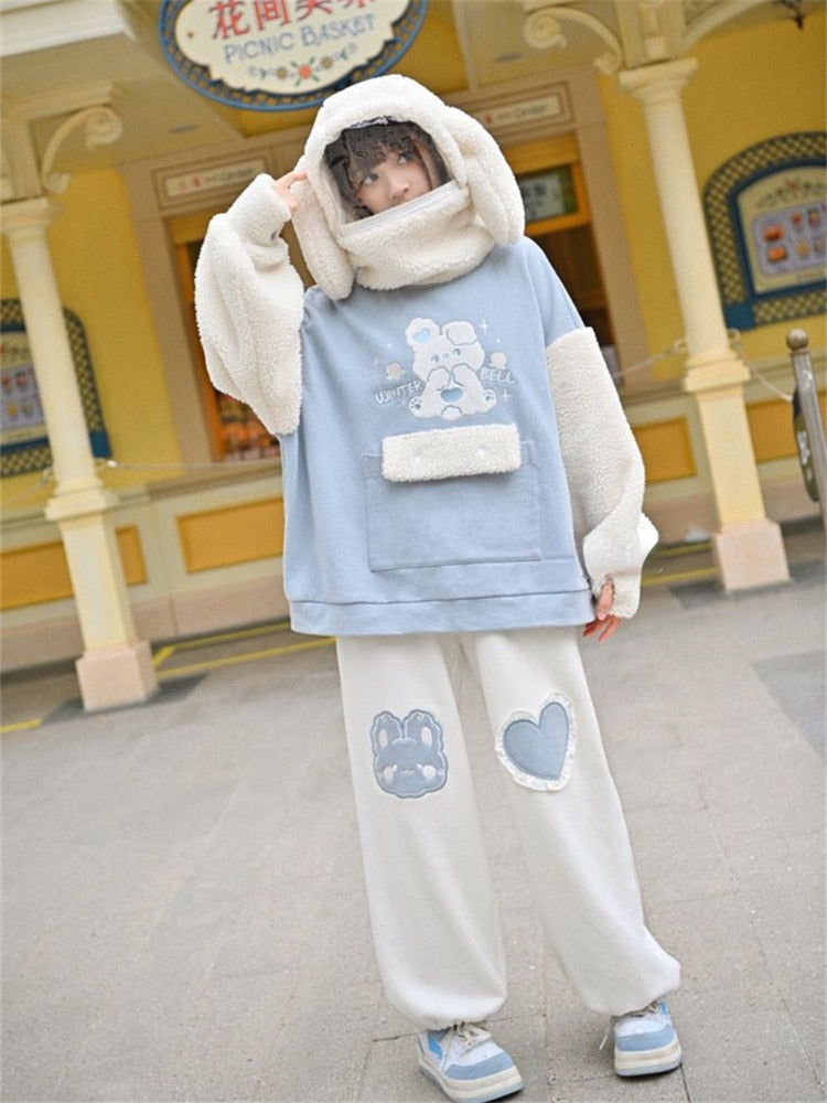Kawaii Blue Joggers Sweatpants Bunny Heart