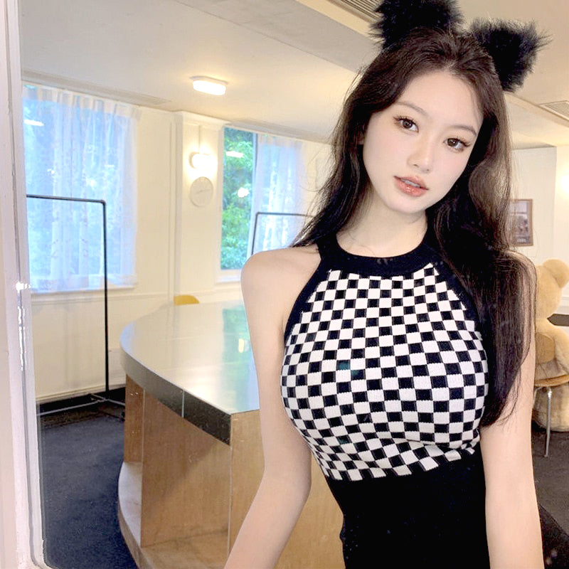 Y2K Knitted Halter Top Checker