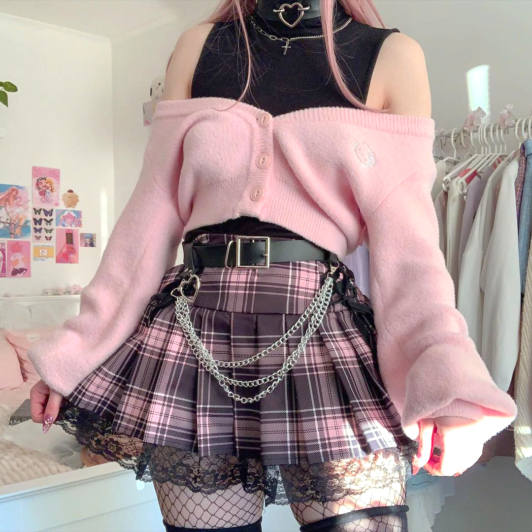 Cute Pleated Pink White Checked Women High-Waist Short Skirt with Lace &  Shorts