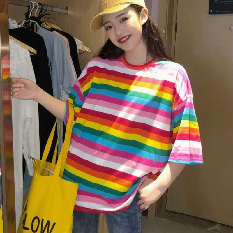 Striped Oversize Pink Rainbow Tee