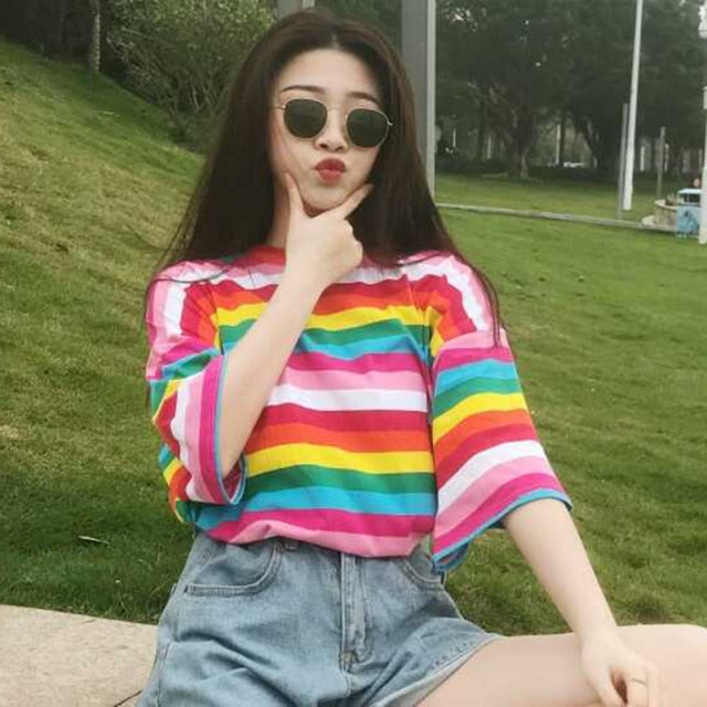 Striped Oversize Pink Rainbow Tee