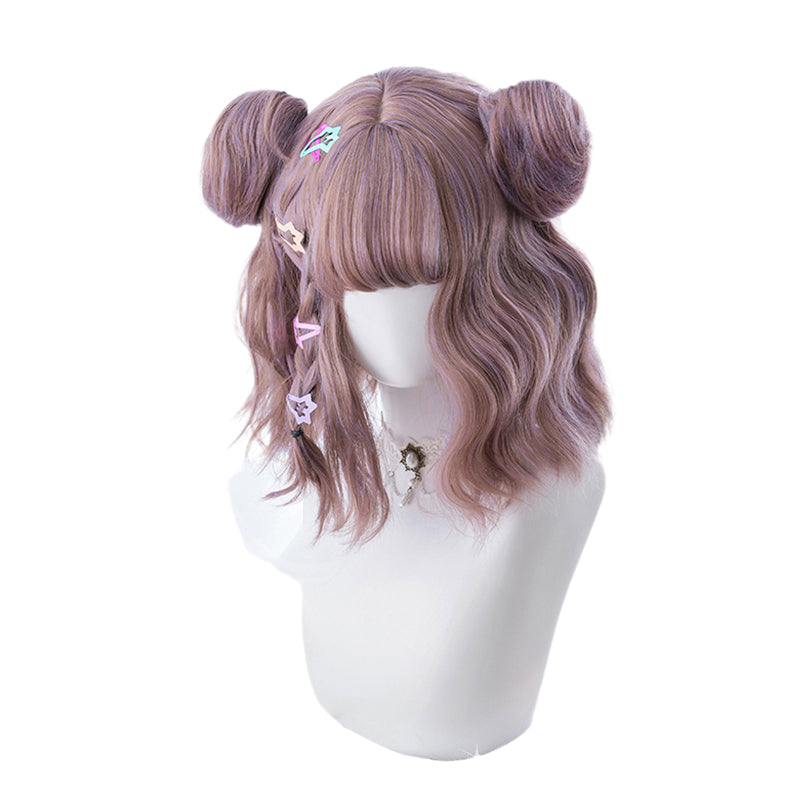 Cosplay Wig Short Wavy Buns and Bangs Pastel Goth Egirl Mauve