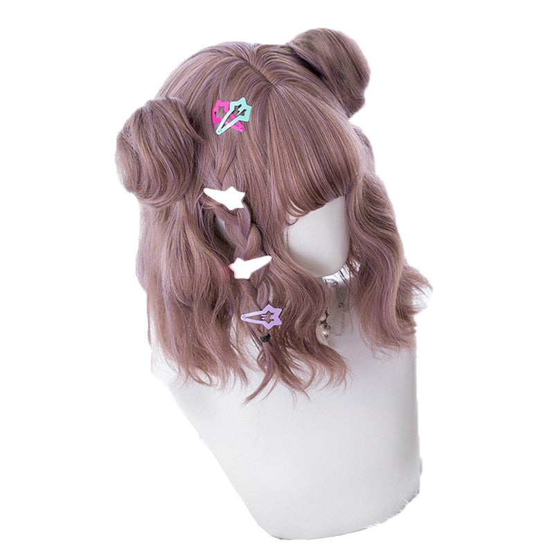 Cosplay Wig Short Wavy Buns - Mauve