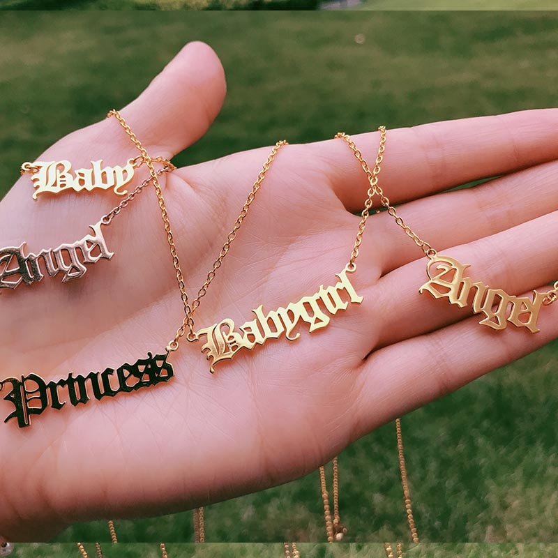 Letter Necklace Gold Gothic - Angel, Princess, Babygirl, Baby