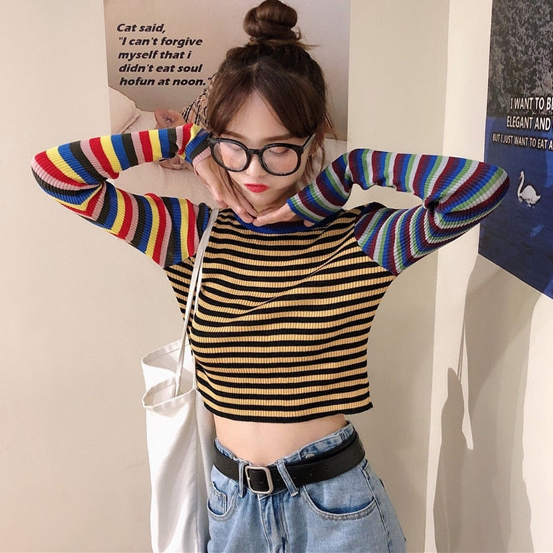 Striped Knitted Long Sleeves Top