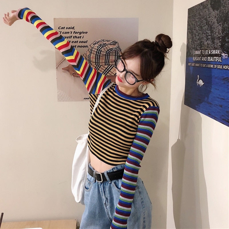 Striped Knitted Long Sleeves Top