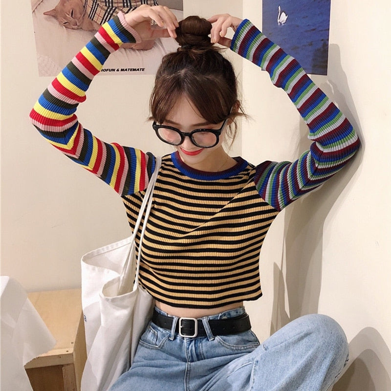 Striped Knitted Long Sleeves Top