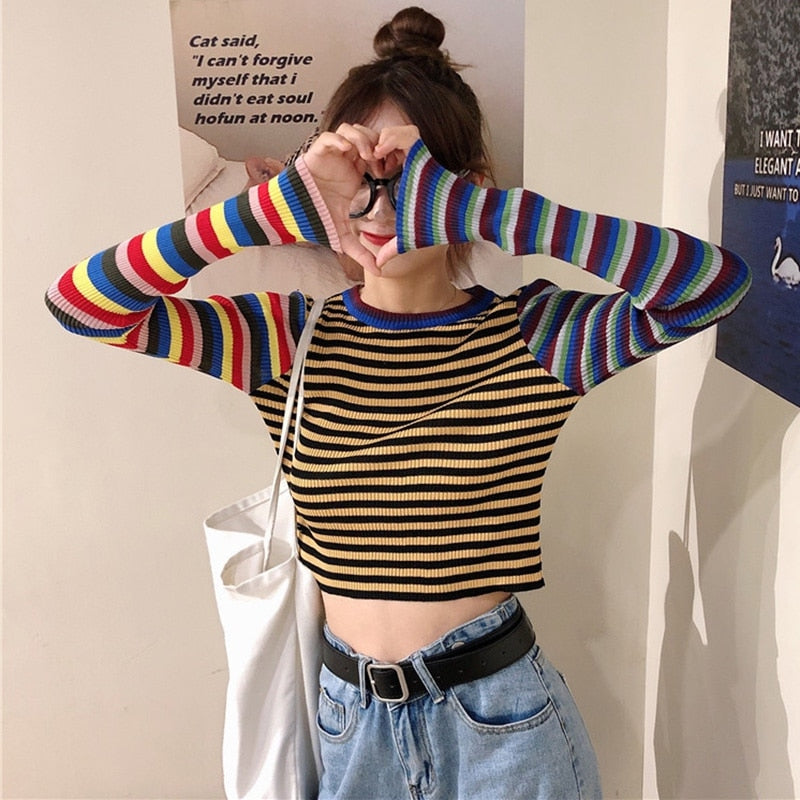 Striped Knitted Long Sleeves Top
