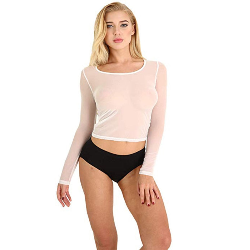 Long Sleeve Mesh Top - White