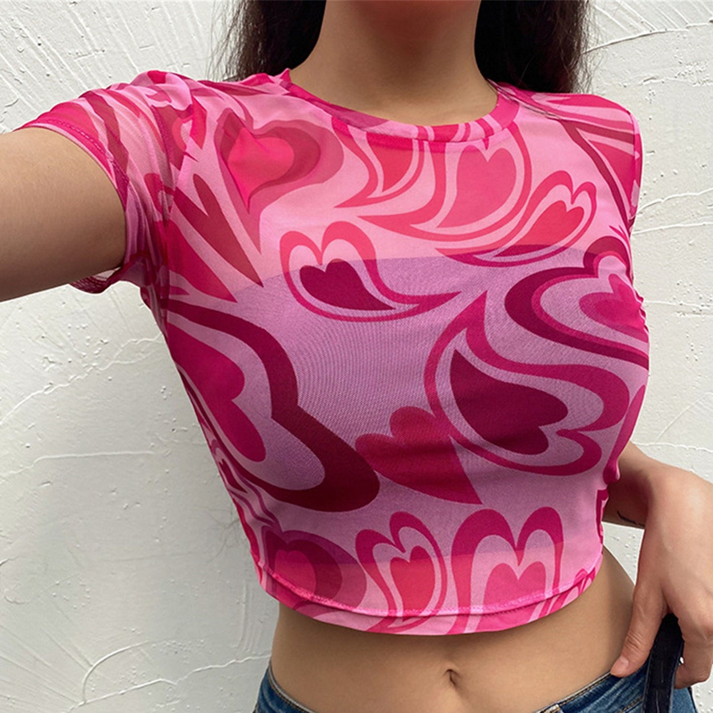 Y2K Aesthetic Swirly Hearts Mesh Top