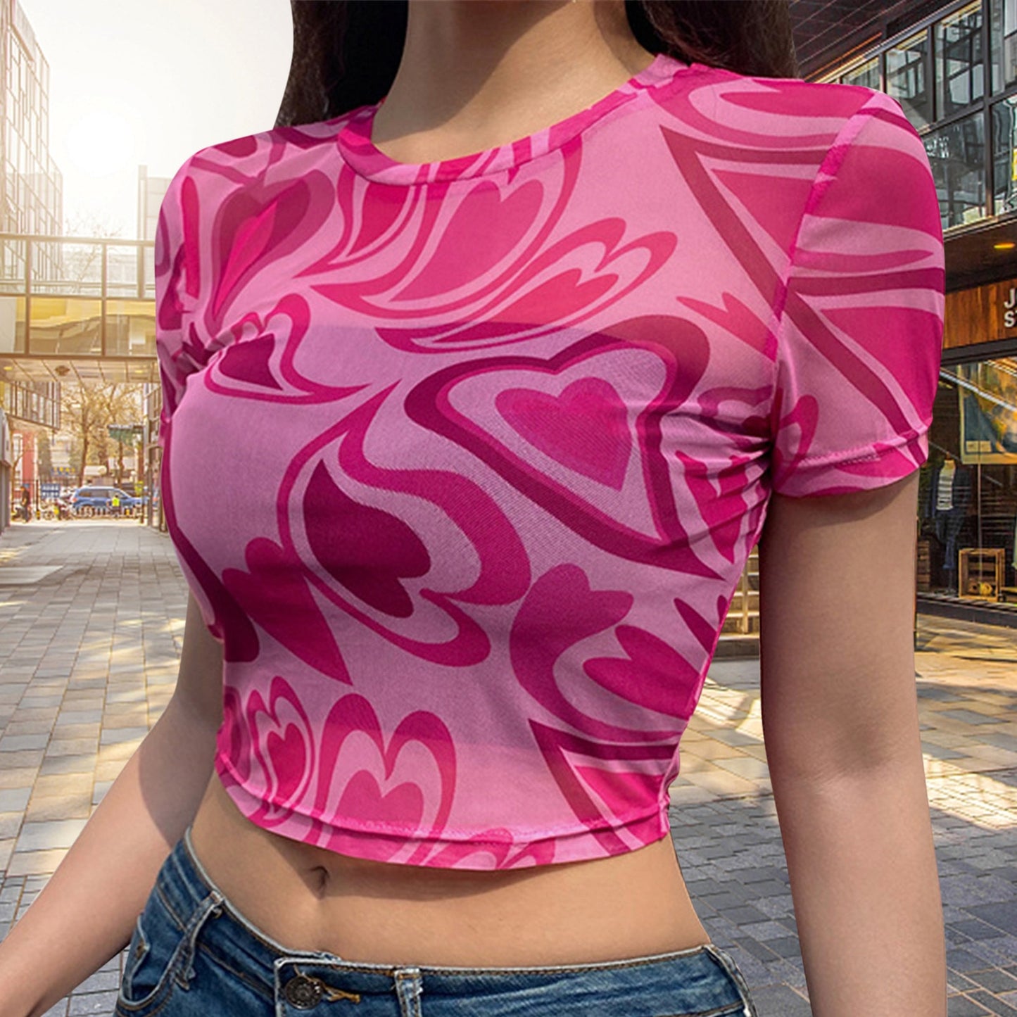 Y2K Aesthetic Swirly Hearts Mesh Top