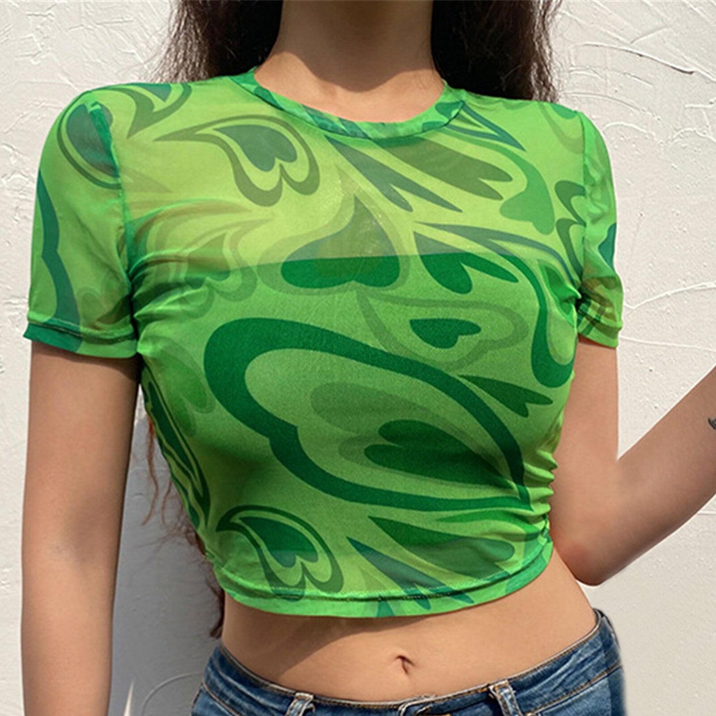 Y2K Aesthetic Swirly Hearts Mesh Top