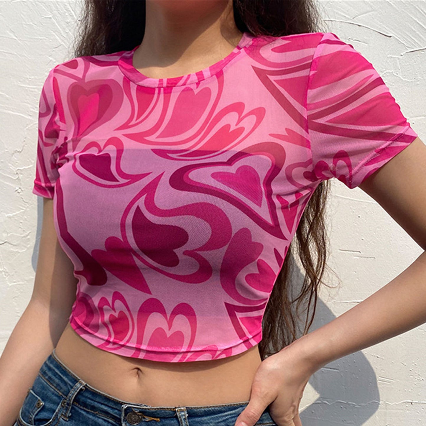 Y2K Aesthetic Swirly Hearts Mesh Top