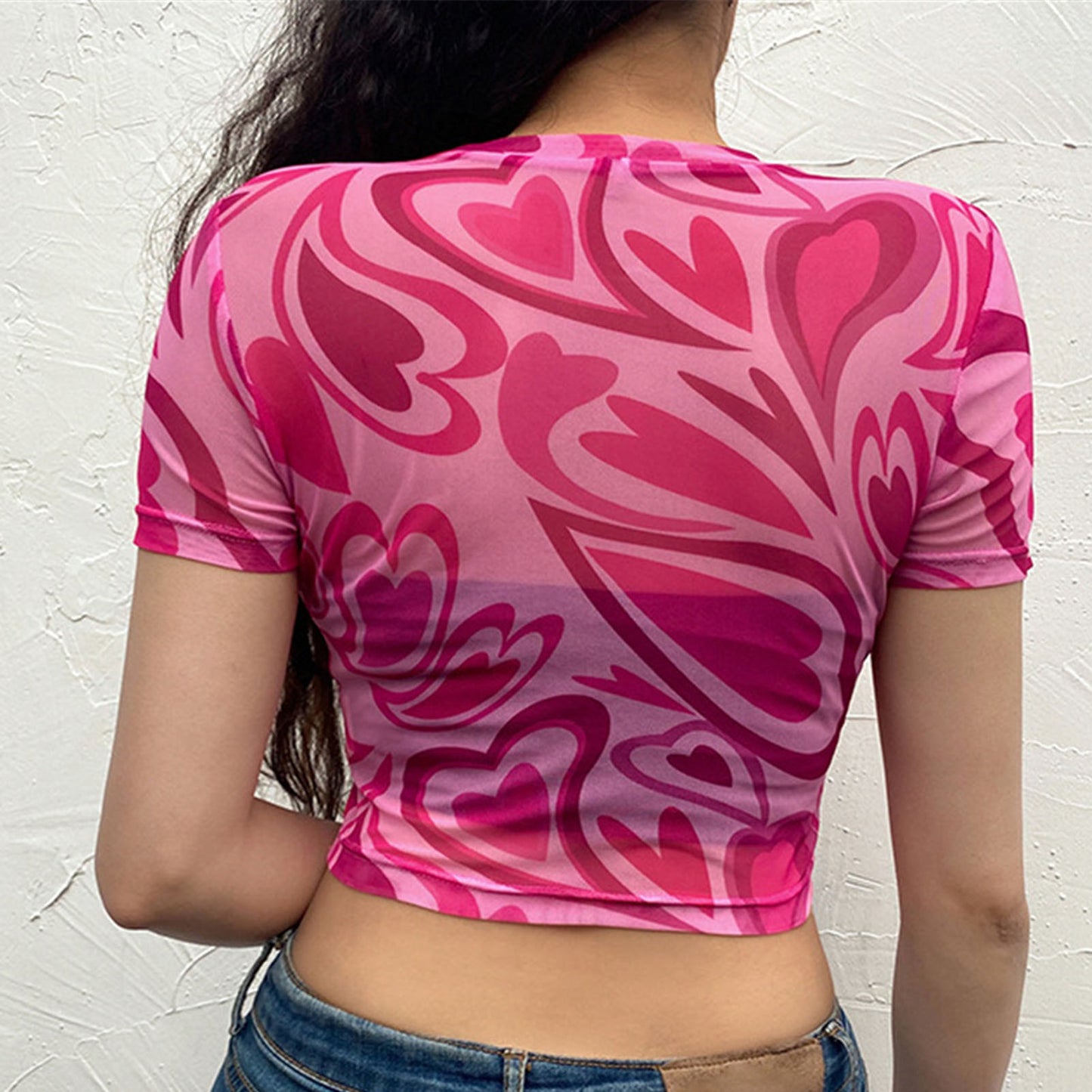 Y2K Aesthetic Swirly Hearts Mesh Top