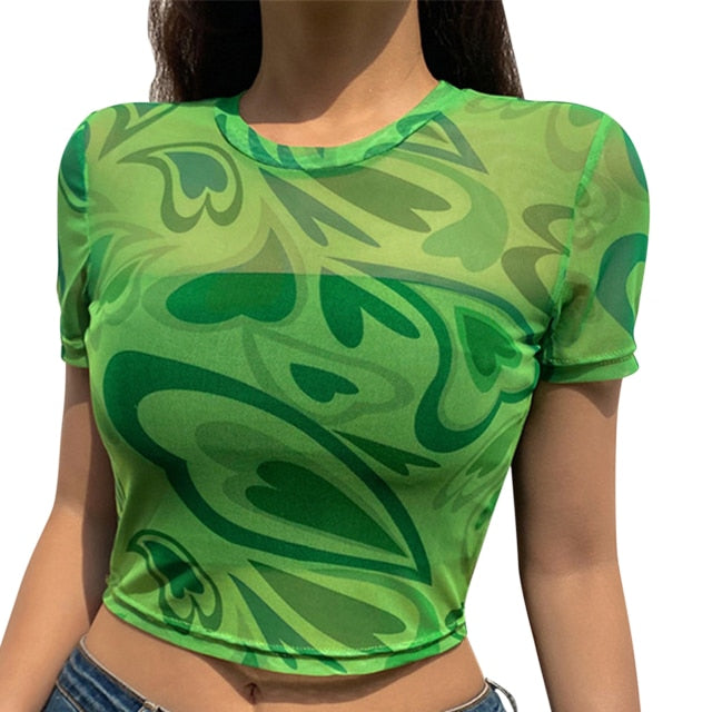 Y2K Aesthetic Swirly Hearts Mesh Top