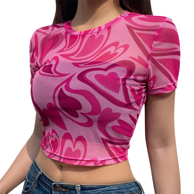 Y2K Aesthetic Swirly Hearts Mesh Top