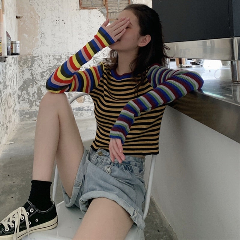 Striped Knitted Long Sleeves Top