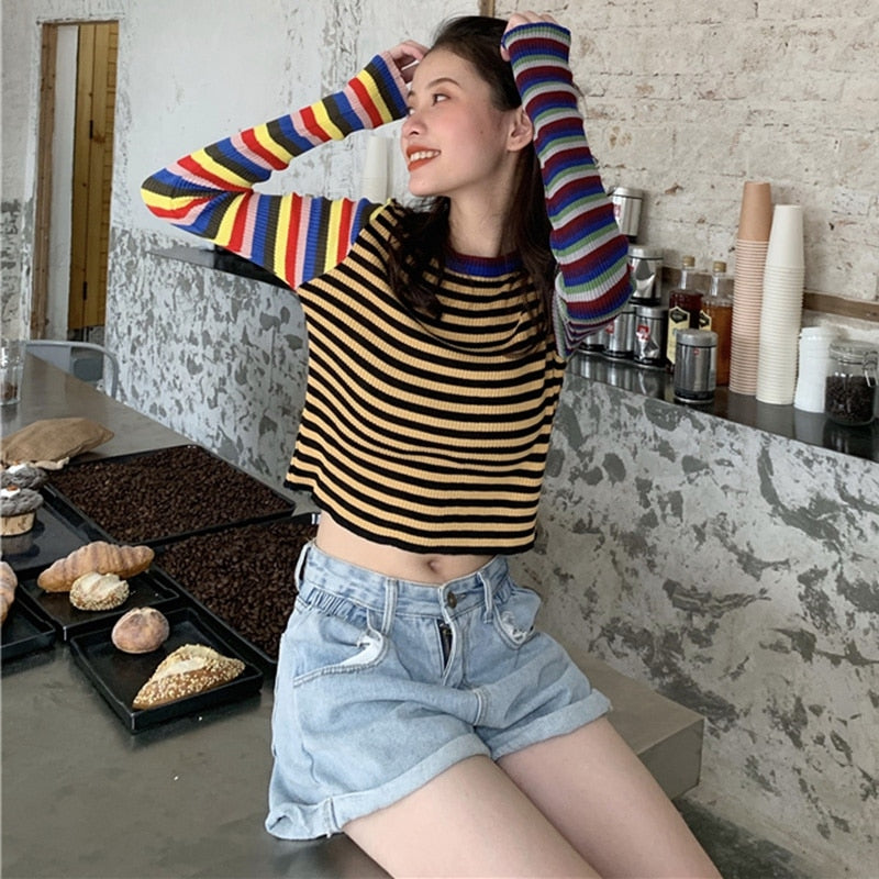Striped Knitted Long Sleeves Top