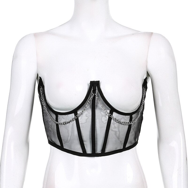 Gothic Mesh Corset with Chains- Black