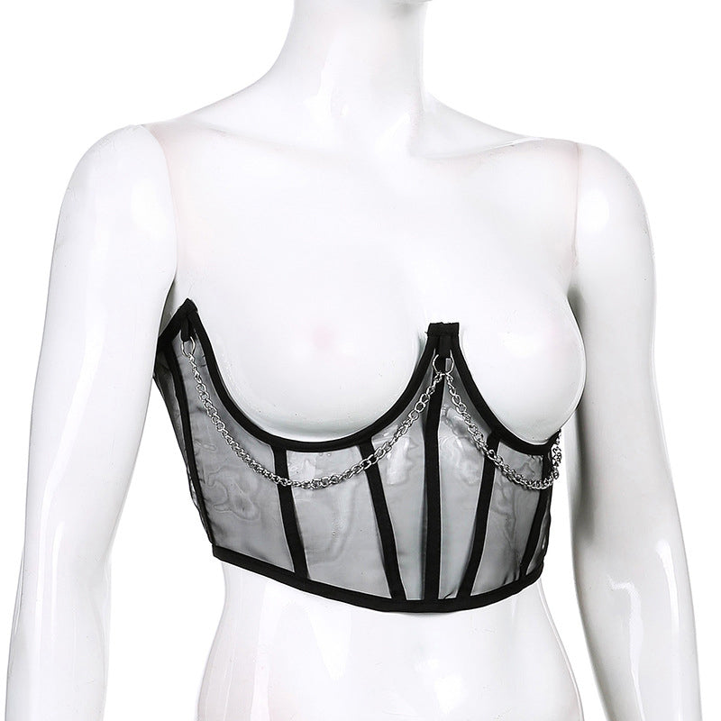 Gothic Mesh Corset with Chains- Black