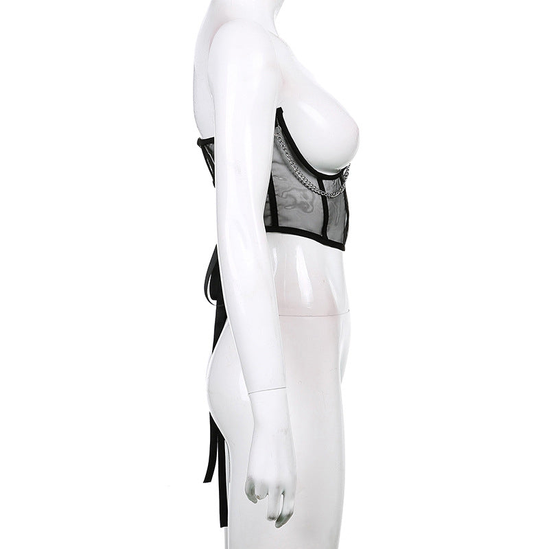 Gothic Mesh Corset with Chains- Black