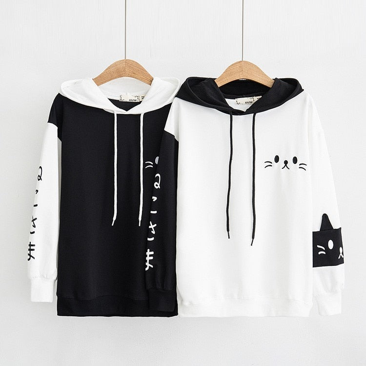Neko Kawaii Cute Cat Black and White Graphic Hoodie