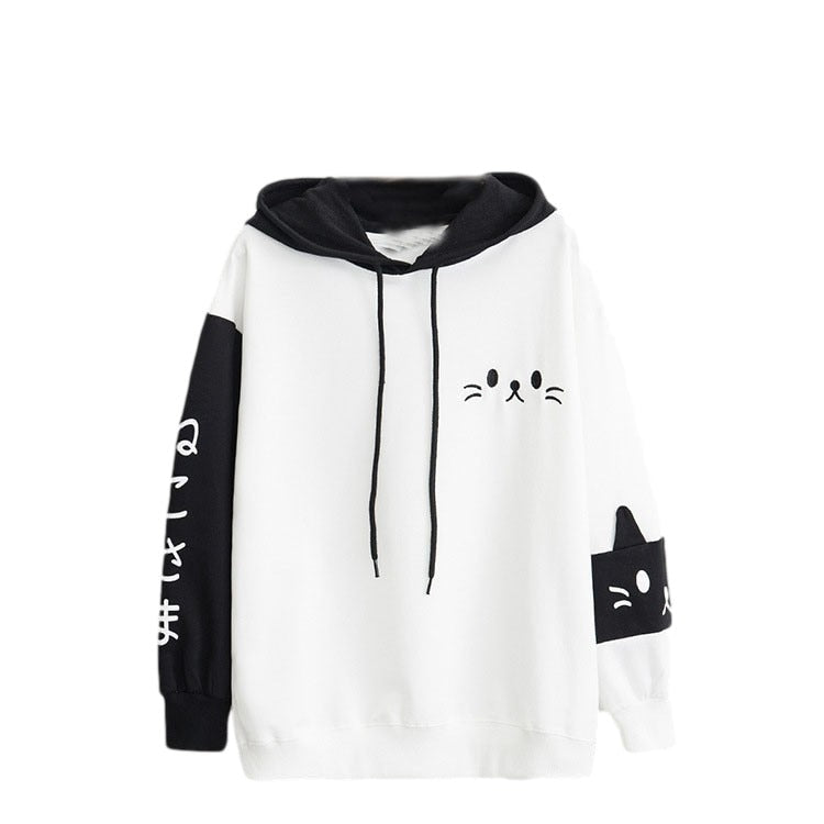 Neko Kawaii Cute Cat Black and White Graphic Hoodie