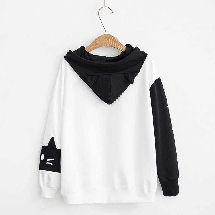 Neko Kawaii Cute Cat Black and White Graphic Hoodie