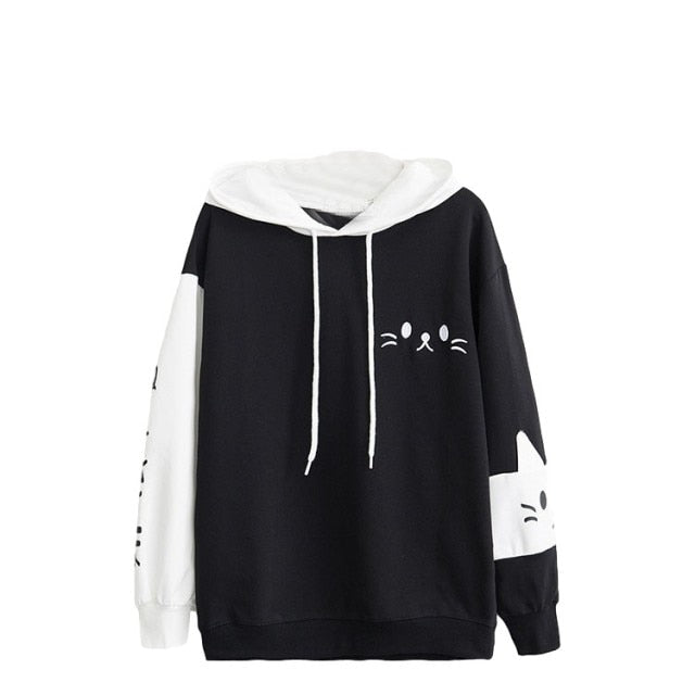 Neko Kawaii Cute Cat Black and White Graphic Hoodie