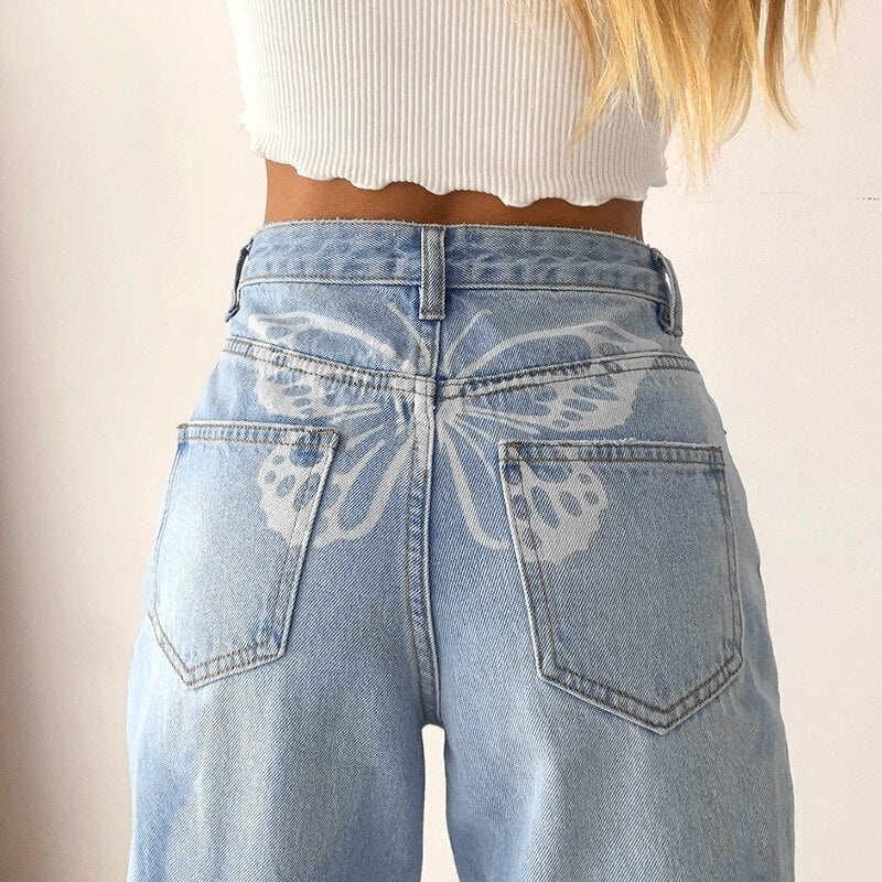 Butterfly Pants for Women Jeans Fashion Y2k Streetwear High Waisted Loose  Casual Long Baggy Trousers Wide Leg Bootcut Jeans, Bule, Small : :  Clothing, Shoes & Accessories