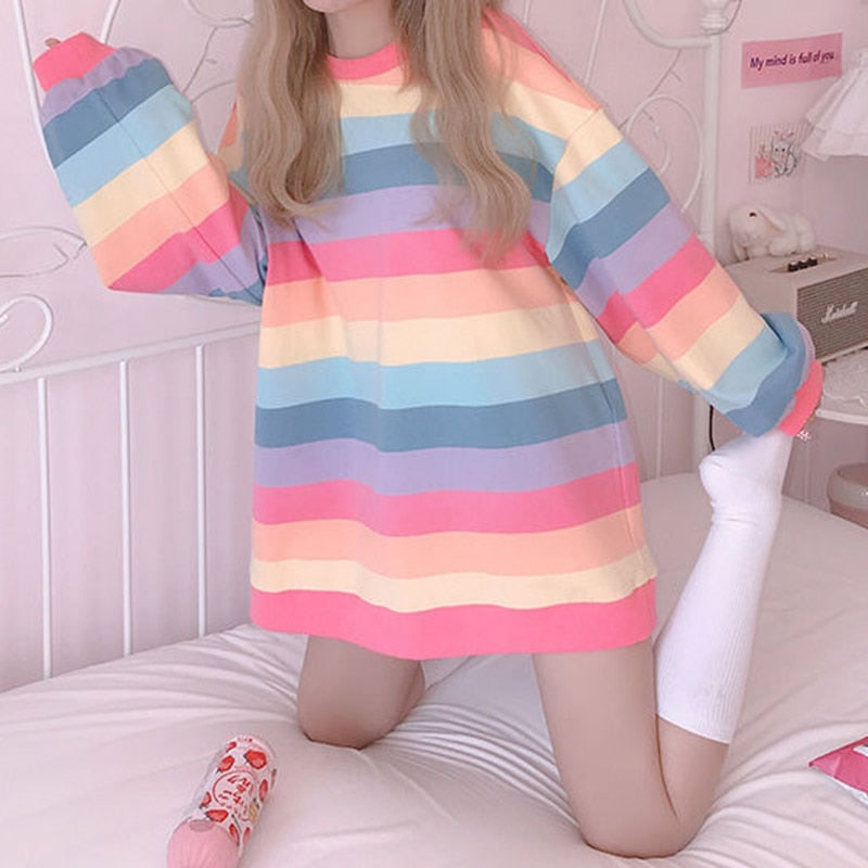 Kawaii Rainbow Stripe Sweatshirt Cote Kawaii Outfits Spring 2023