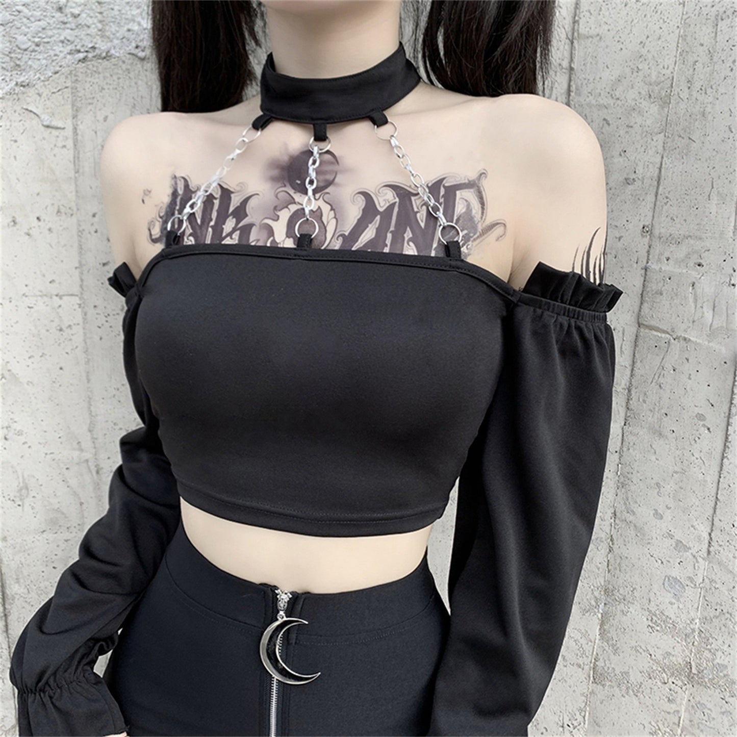 Gothic Girl Darkwave Silver Chains Collar Top