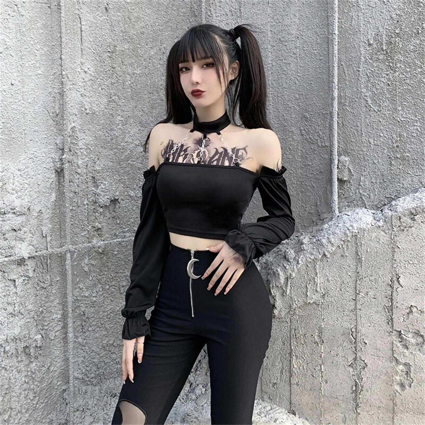 Gothic Girl Darkwave Silver Chains Collar Top