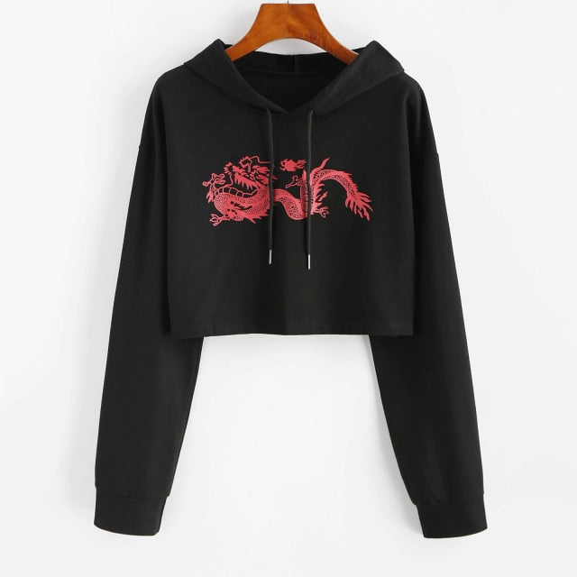 E Girl Red Dragon Print Hoodie ABG Aesthetic Clothing Crop Top