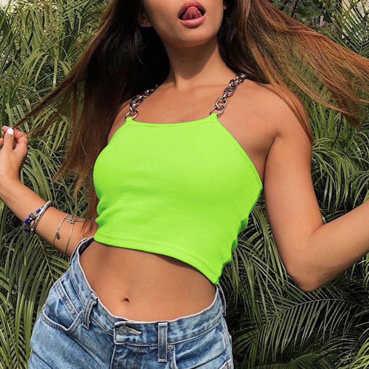 E-Girl Top Metal Chain Straps - Neon Green