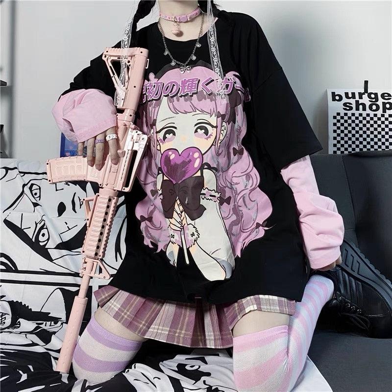 E-Girl Pink Anime Girl Tee - Black