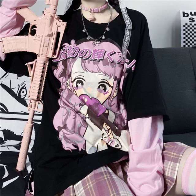 E-Girl Pink Anime Girl Tee - Black