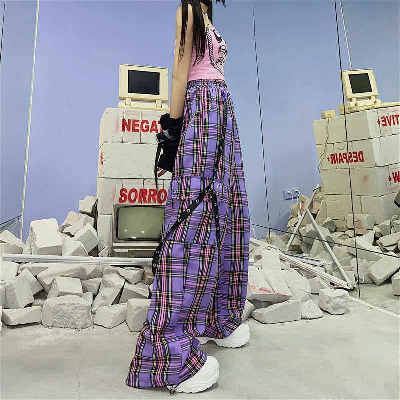Y2K Egirl Punk Cargo Pants Purple Plaid
