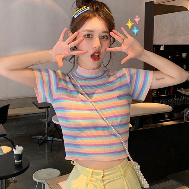 Pastel Striped Crop Top Tee