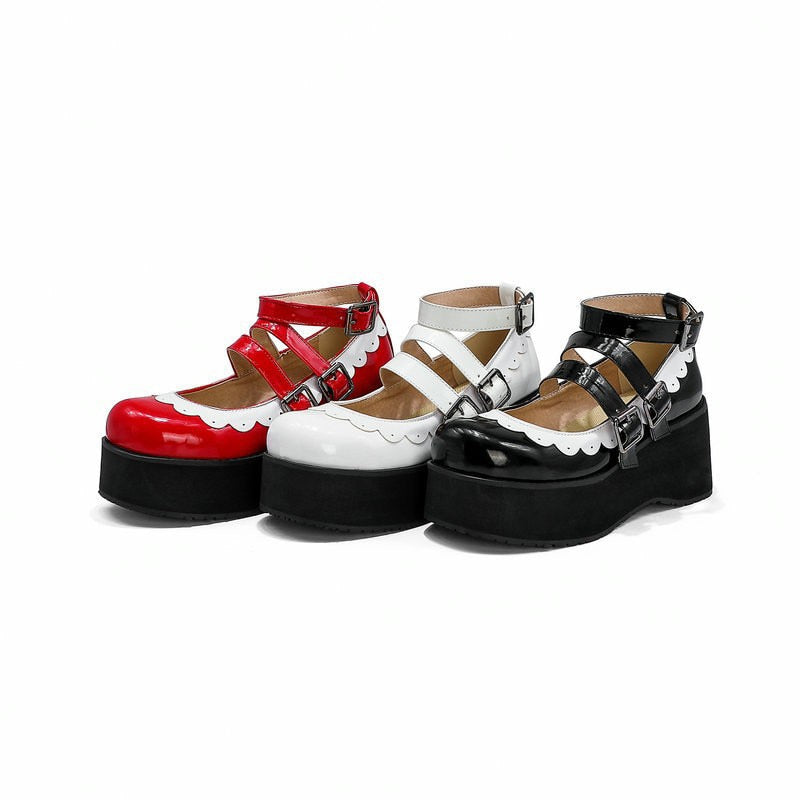 Sweet Goth Mary Jane Shoes White Trim - Red