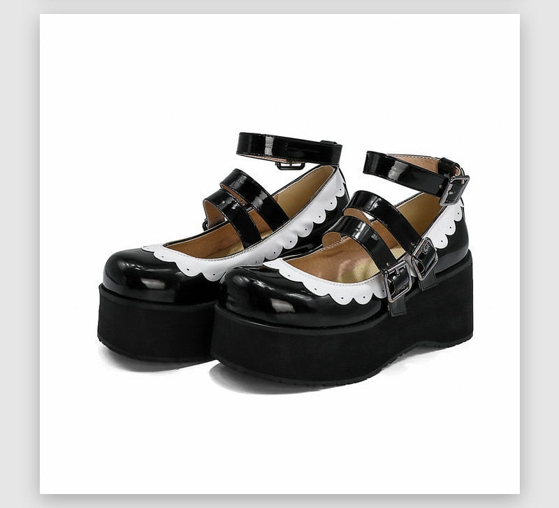 Sweet Goth Mary Jane Shoes White Trim - Black