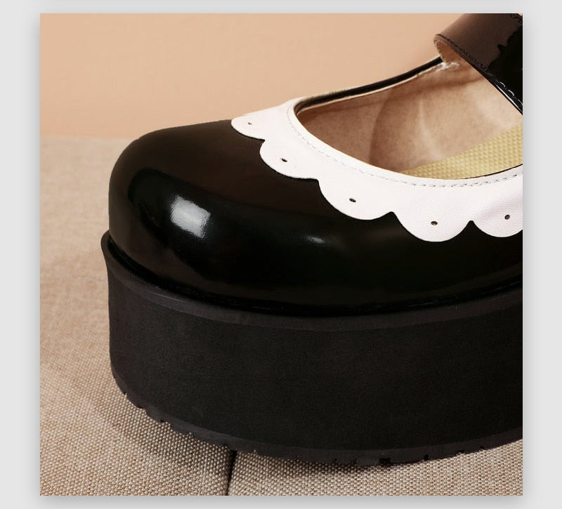 Sweet Goth Mary Jane Shoes White Trim - Black