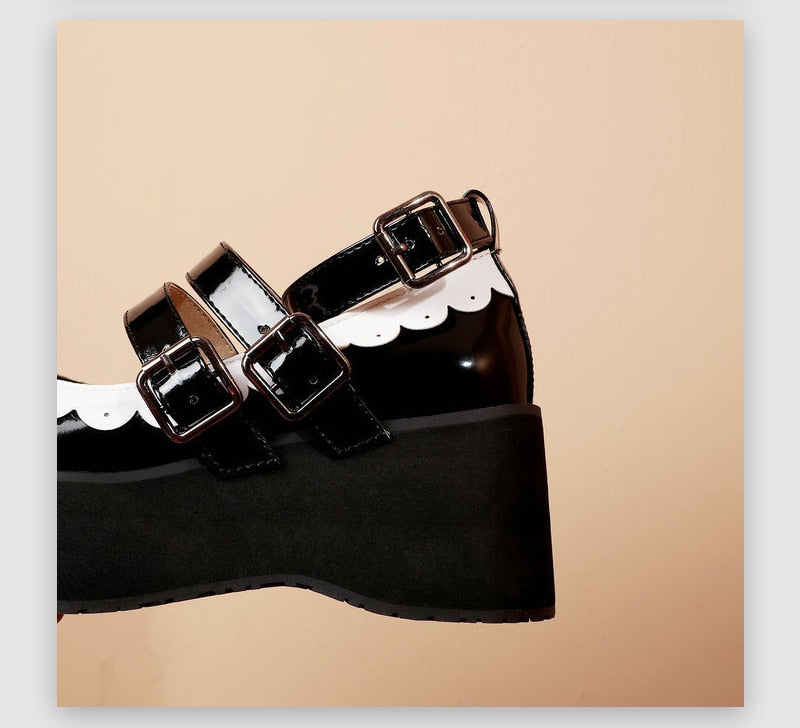 Sweet Goth Mary Jane Shoes White Trim - Black