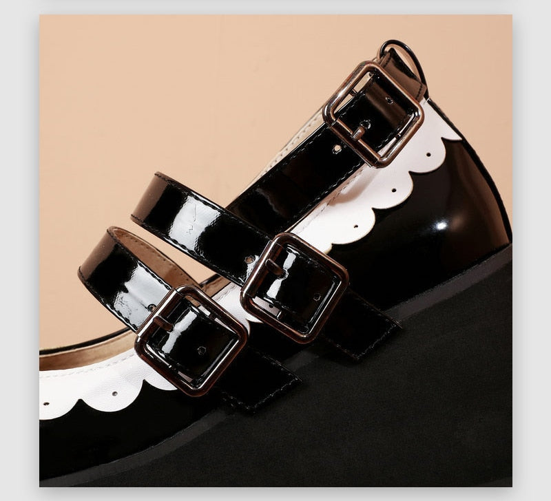 Sweet Goth Mary Jane Shoes White Trim - Black