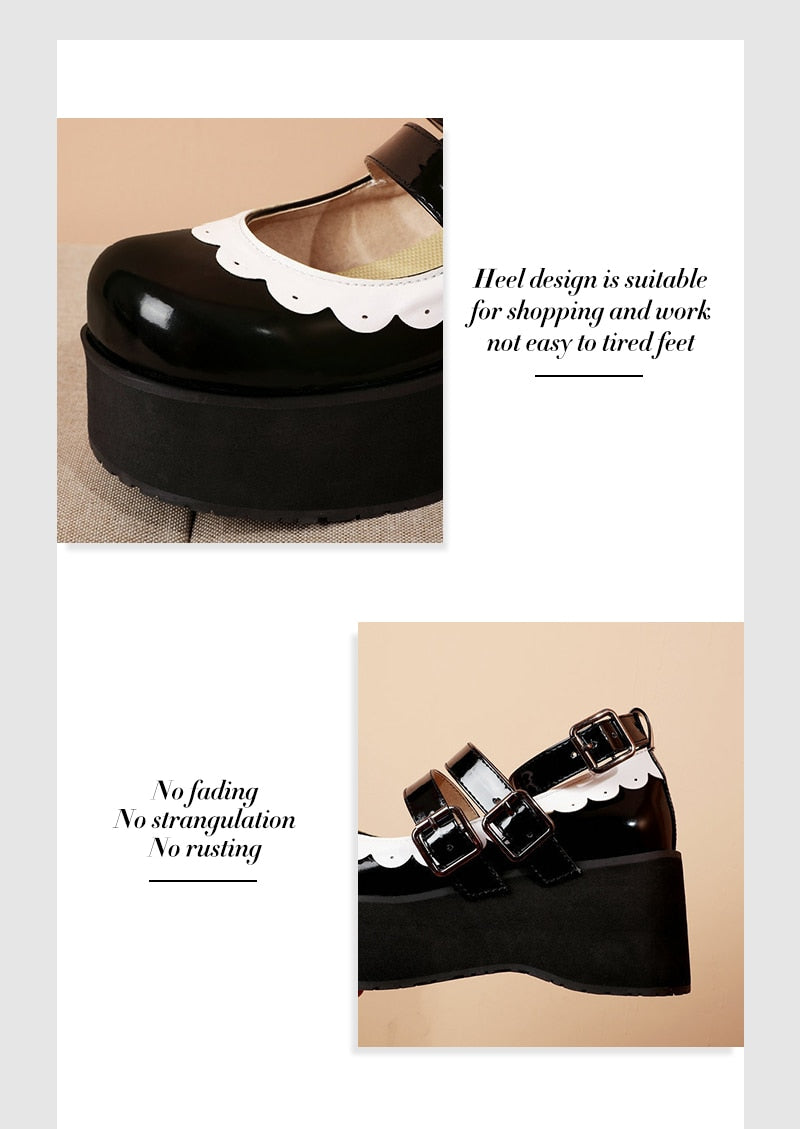 Sweet Goth Mary Jane Shoes White Trim - Black