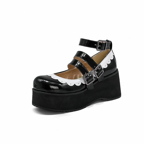 Sweet Goth Mary Jane Shoes White Trim - Black