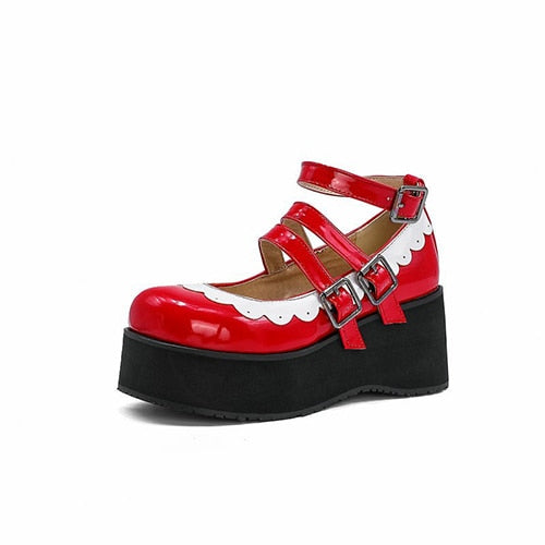 Sweet Goth Mary Jane Shoes White Trim - Red