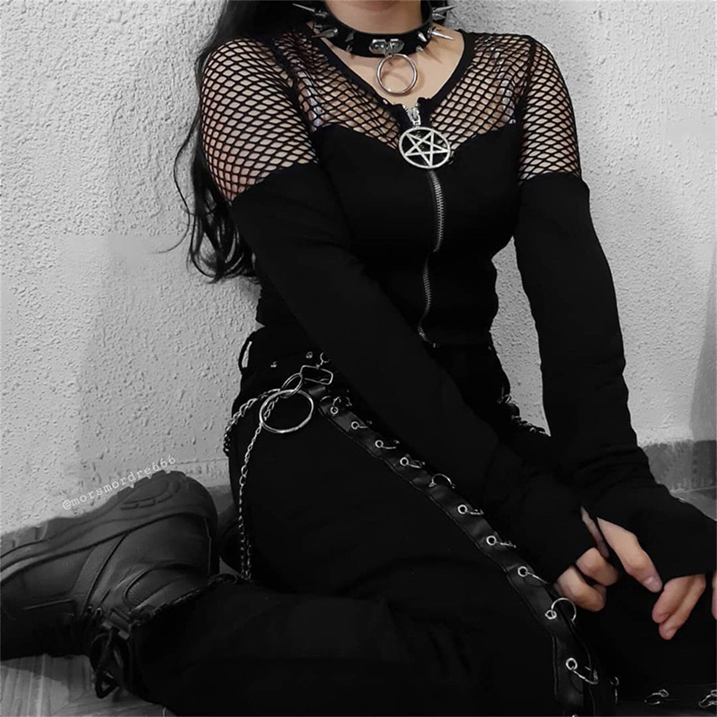 Gothic Pentagram Zipper Mesh Tee